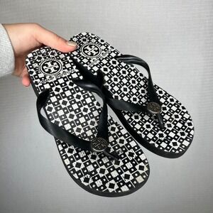 Tory Burch Black and White Logo Flip Flop Sandals